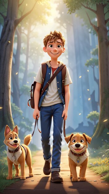 Chłopiec i jego pies chodzą po lesie.