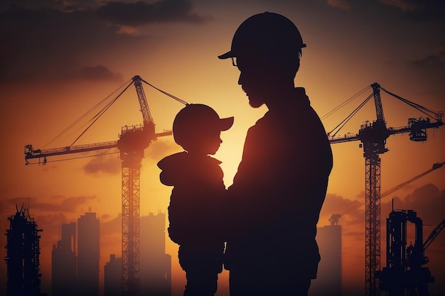 Chłopiec i ojciec na tle dźwigów budowlanych na wieczornym zachodzie słońca koncepcja generacji AI ojca i syna