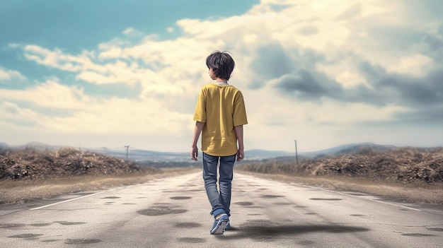 Chłopiec idący drogą pośrodku chmurnego nieba