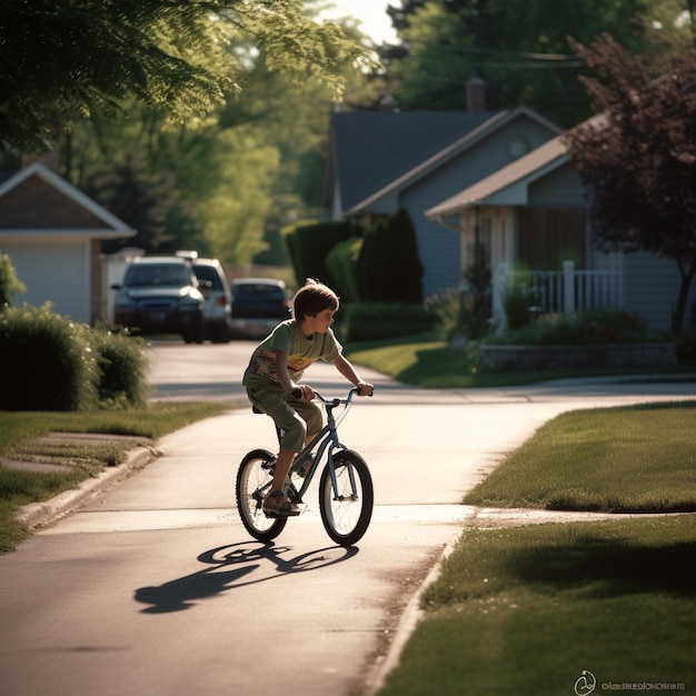 Chłopiec jadący na rowerze ulicą ze znakiem