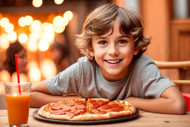 Chłopiec je pizzę w restauracji lub pizzerii.