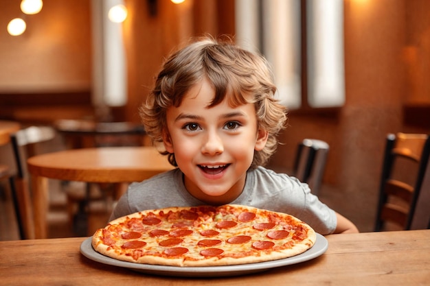 Chłopiec je pizzę w restauracji lub pizzerii.