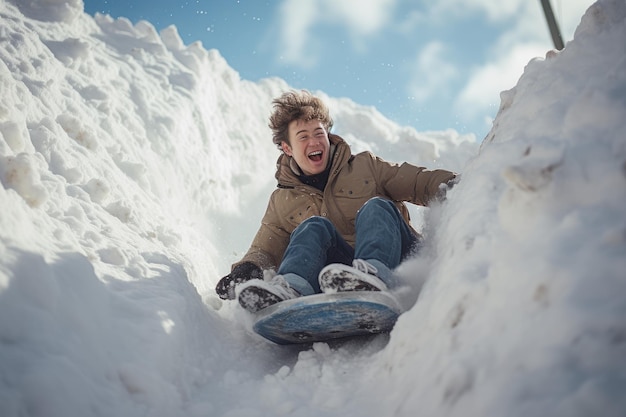 Chłopiec jedzie na śniegu zjeżdżalnia zima Graj radośnie Generuj Ai