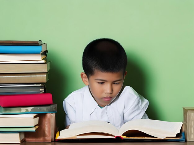 Chłopiec lub dziewczynka, uczeń z głębokim wyczuciem, czytający książki, gotowy do odkrywania tajników wiedzy