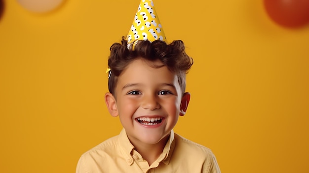 chłopiec ma na sobie kapelusz urodzinowy z wesołym wyrazem twarzy na żółtym tle generatywne ai