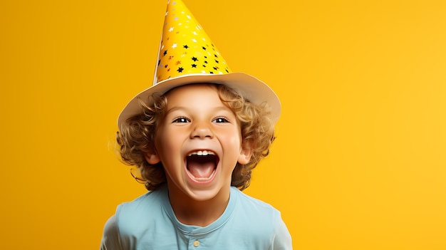 chłopiec ma na sobie kapelusz urodzinowy z wesołym wyrazem twarzy na żółtym tle generatywne ai
