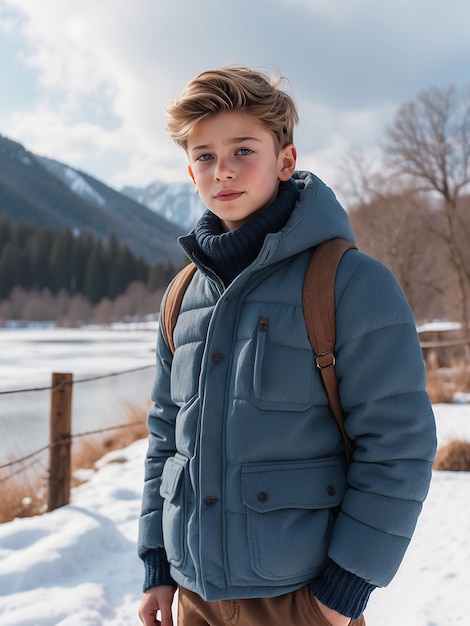 Zdjęcie chłopiec-model stoi w zimowych ubraniach.