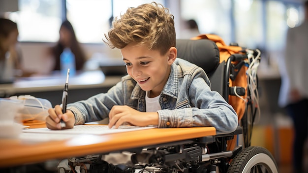 Chłopiec na wózku inwalidzkim studiujący w klasie Generative AI