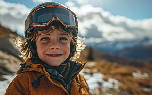 chłopiec narciarz z okulary narciarskie i hełm narciarski na śnieżnej górze