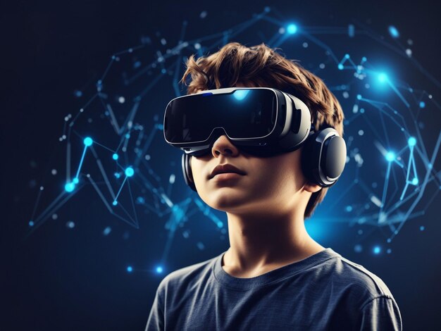 chłopiec noszący słuchawki z wirtualną rzeczywistością