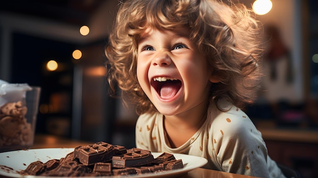 Chłopiec o jasnych oczach i potarganych włosach z radosnym wyrazem twarzy, uśmiechający się i jedzący czekoladę