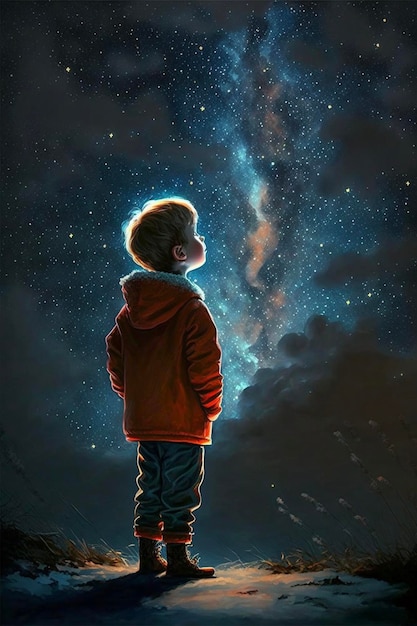 Chłopiec patrzący na gwiazdy na niebie generatywny ai