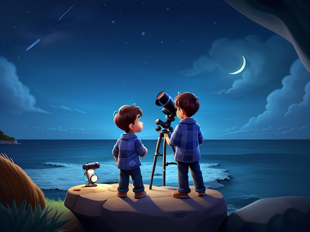Chłopiec patrzy na gwiazdy przez teleskop na niebie