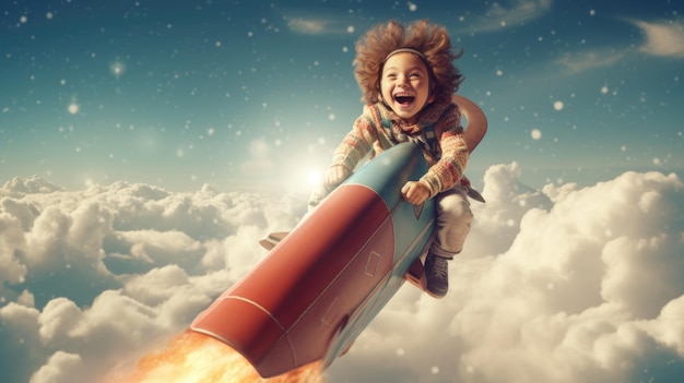 Chłopiec podekscytowany lataniem rakietą nad chmurami na niebie Generative AI image weber