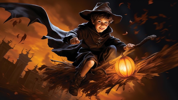 Chłopiec przebrany za czarownika jeździ na miotle.