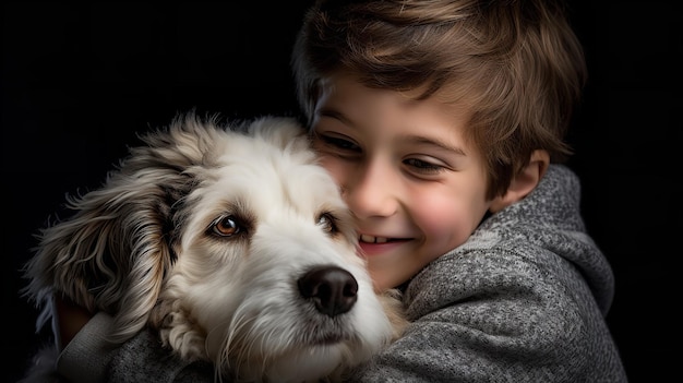 Zdjęcie chłopiec przytula swojego psa golden retriever na czystym białym tle generatywna sztuczna inteligencja