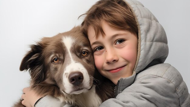 Chłopiec przytula swojego psa Golden Retriever na czystym białym tle Generatywna sztuczna inteligencja