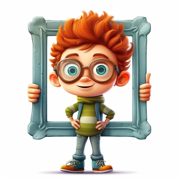 Zdjęcie chłopiec rysunkowy trzyma przed sobą ramkę na zdjęcia.