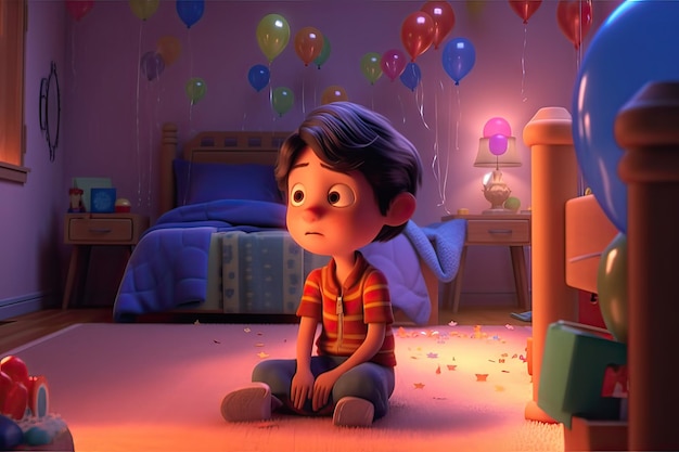 Chłopiec siedzi na podłodze w pokoju z balonami i balonami.