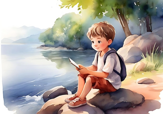 Chłopiec siedzi nad rzeką i czyta książkę.