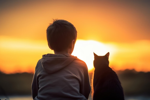Chłopiec siedzi obok swojego kota z widokiem na zachód słońca. Beautiful illustrationobraz Generative AI
