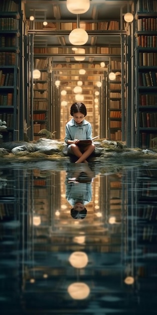 Chłopiec siedzi przed biblioteką z książką w dłoniach.