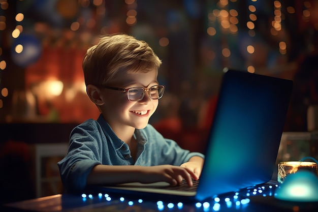 Chłopiec siedzi przy stole z laptopem przed lampkami świątecznymi.