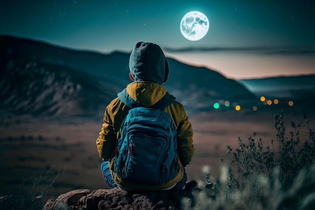 Chłopiec siedzi samotnie na nocnym wzgórzu na tle księżyca Generacyjna sztuczna inteligencja
