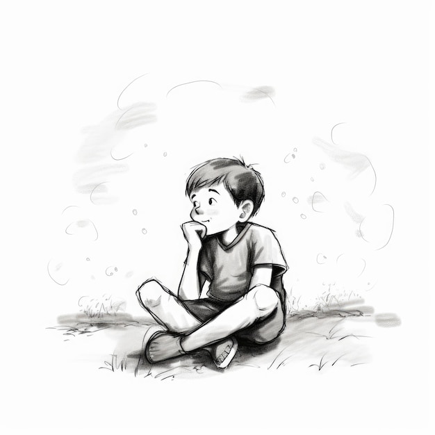 Chłopiec siedzi w ziemi i myśli