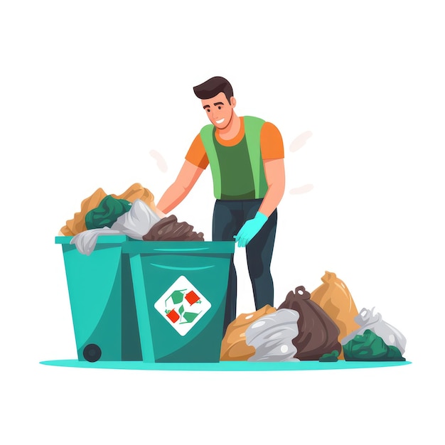 Chłopiec sprzątający śmieci płaską ilustrację Obraz generowany przez AI