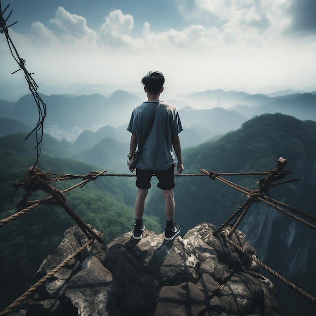 chłopiec stoi na klifie z widokiem na dolinę i góry.