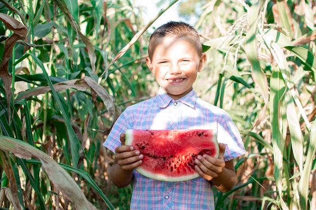 Chłopiec stoi na polu kukurydzy we wsi i trzyma duży kawałek arbuza