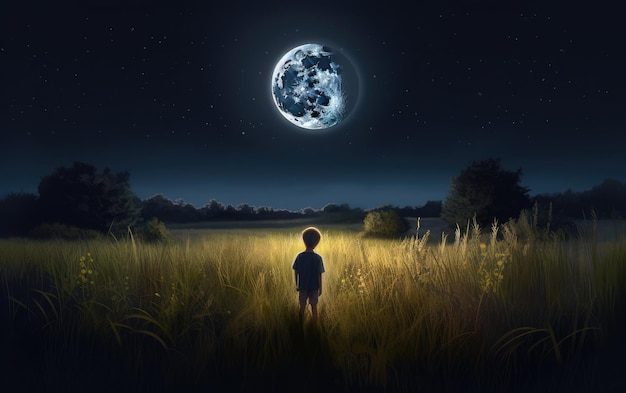 Chłopiec stoi na polu z księżycem w tle.