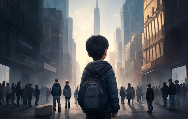 Chłopiec stoi na ulicy z pejzażem miejskim w tle
