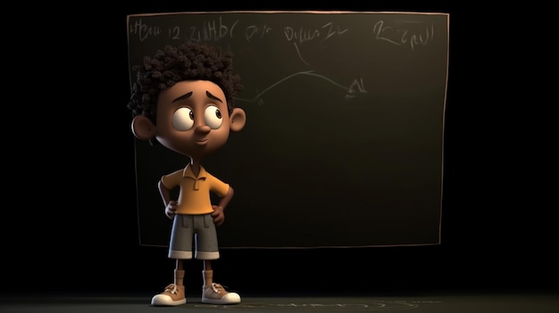 Chłopiec stoi przed tablicą z napisem „nerd”.
