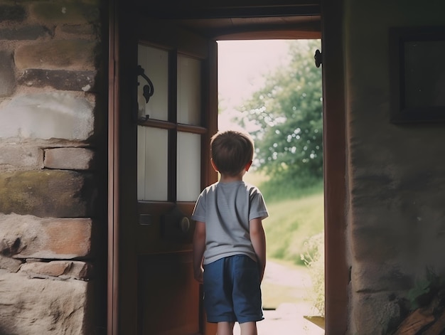 Chłopiec stoi w drzwiach patrząc na pole.