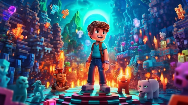 Chłopiec stoi w świecie Minecrafta otoczony małymi zwierzętami.