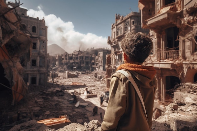 Chłopiec stoi w zrujnowanym budynku z napisem „wojna egiptu” w prawym dolnym rogu.