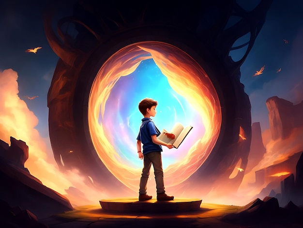 Chłopiec stojący na otwartej gigantycznej książce
