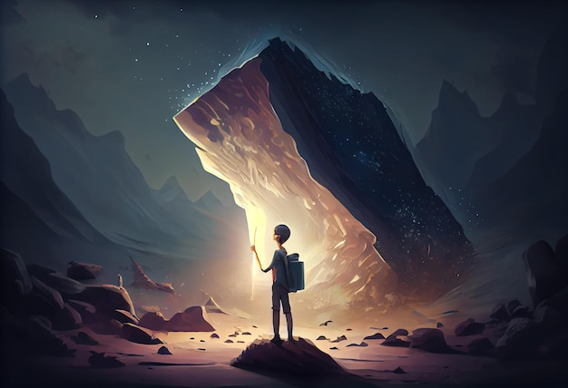 Chłopiec stojący na skale i otworzył gigantyczną książkę z fantazyjnym lekkim stylem sztuki cyfrowej Generuj Ai