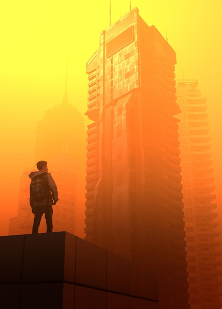 Chłopiec stojący na szczycie patrzy na budynek scifi z zanieczyszczonym pomarańczowym powietrzem wypełniającym przyszłe miasto Zamglenie zanieczyszczenia obejmuje koncepcję globalnego ocieplenia miasta
