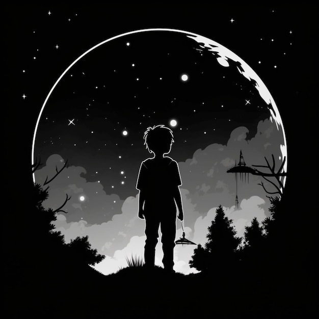 Chłopiec stojący przed pełnią księżyca.