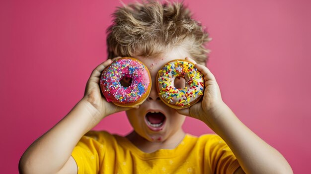 Chłopiec trzyma dwa pączki przed oczami, robi śmieszną minę, pączki są zakryte.