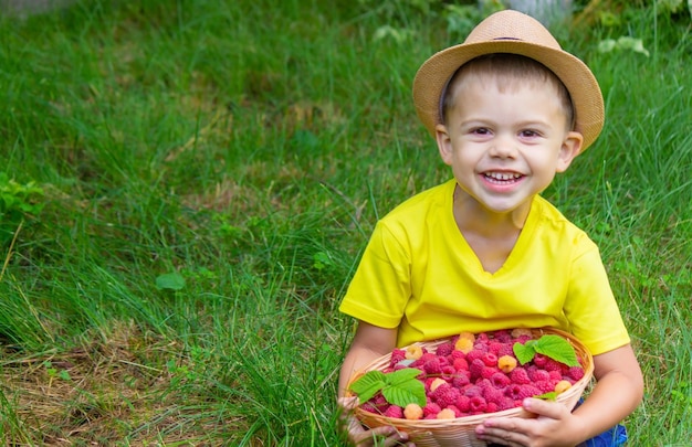 Chłopiec trzyma kosz z dojrzałymi malinowymi jagodami