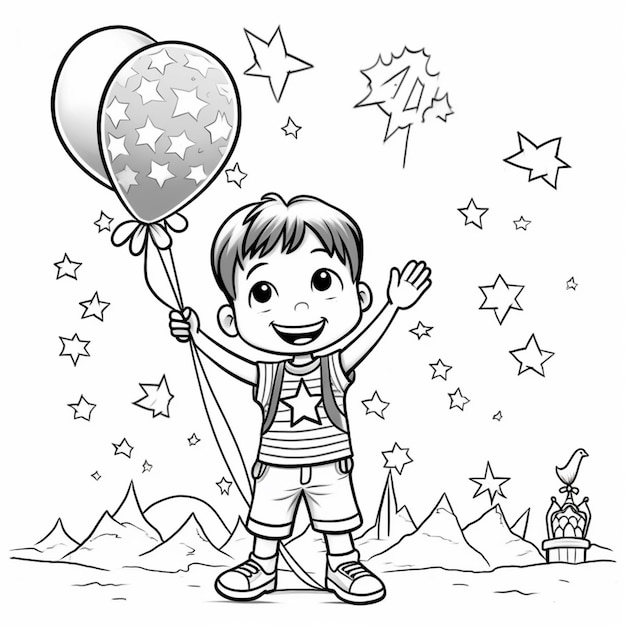 Chłopiec trzymający balon przed gwiazdą i cyfrą 7