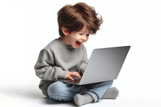 Zdjęcie chłopiec używa laptopa i śmieje się bardzo odizolowany na białym tle