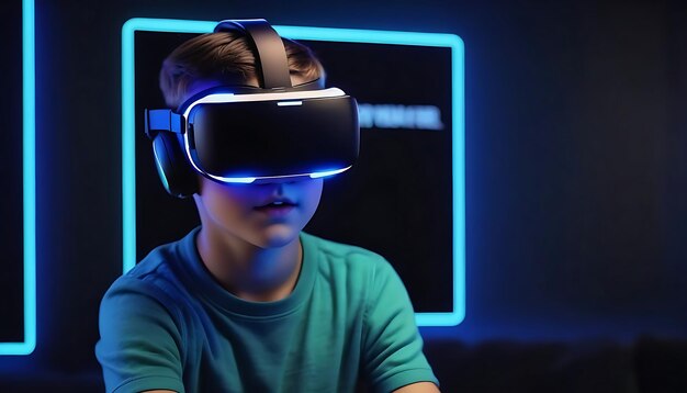Chłopiec używający okularów wirtualnej rzeczywistości do gry w grę wideo Metaverse VR neon generative ai
