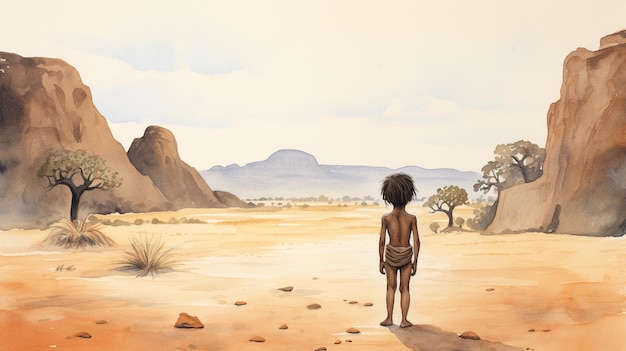 Chłopiec w afrykańskiej pustyni słońce jest bardzo jasne samotność w gorący dzień w Afryce