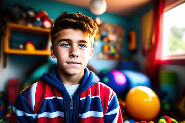 Chłopiec w bluzie w czerwono-niebieskie paski stoi przed kolorowym pokojem z zabawkami.