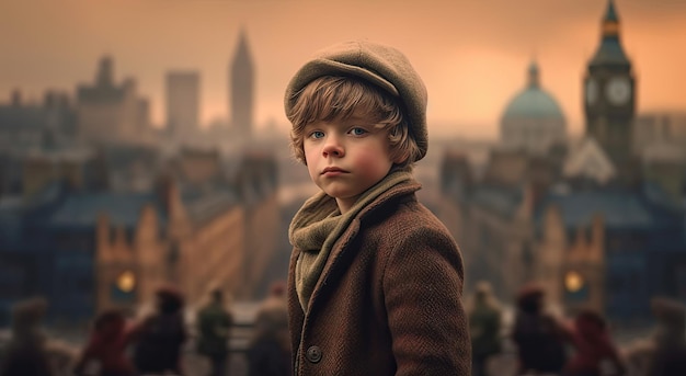 Chłopiec w brązowym płaszczu stoi przed pejzażem miejskim.
